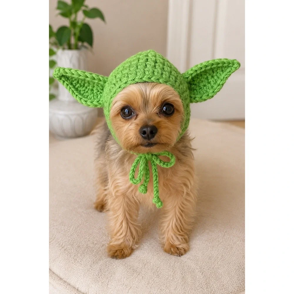 Handmade Crochet Yoda Pet Hat Green Dog Cat Costume Star Wars Inspired